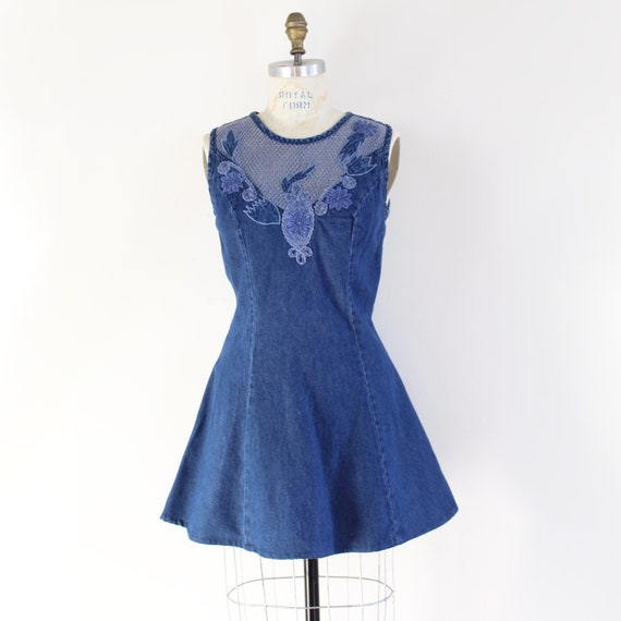 90s Vintage fitted denim mini dress with crochet … - image 1