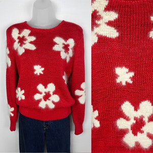 80s vintage cherry red rayon slouchy sweater with white angora florals Medium Christine Sweater Girl 50s Red Angora Sweater Pop Art Floral