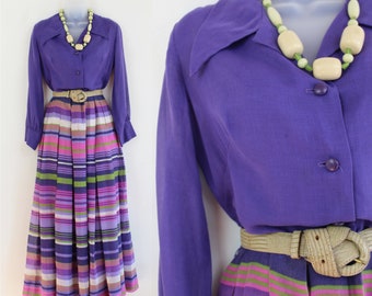 70s purple striped color block long sleeve MaxiDress, 70s Vintage Dress, 70s Clothing, 70s Aesthetic, Retro Maxi Dress, 90s Aesthetic, Mod