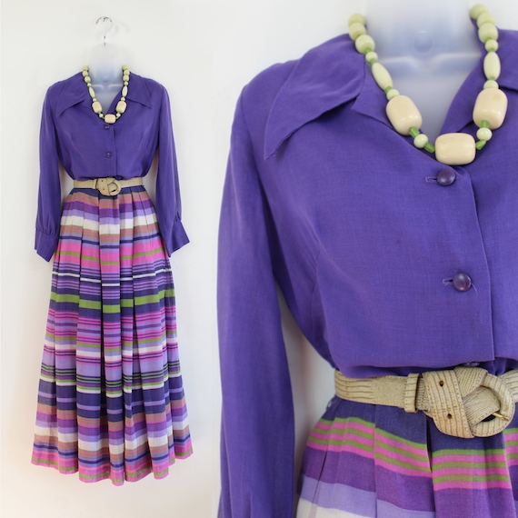 70s purple striped color block long sleeve MaxiDress, 70s Vintage Dress, 70s Clothing, 70s Aesthetic, Retro Maxi Dress, 90s Aesthetic, Mod