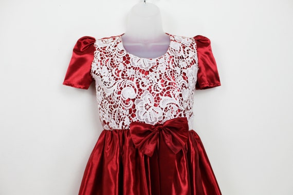 80s vintage red satin party dress with white lace… - image 6