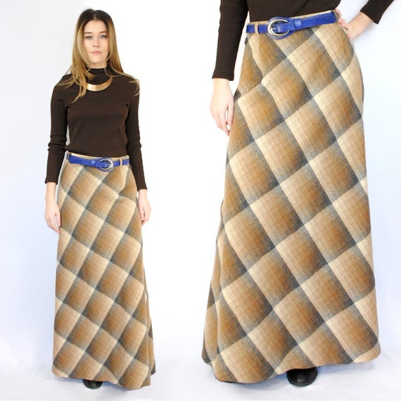 70s VINTAGE WOOL plaid A line maxi skirt, 29 inch… - image 1