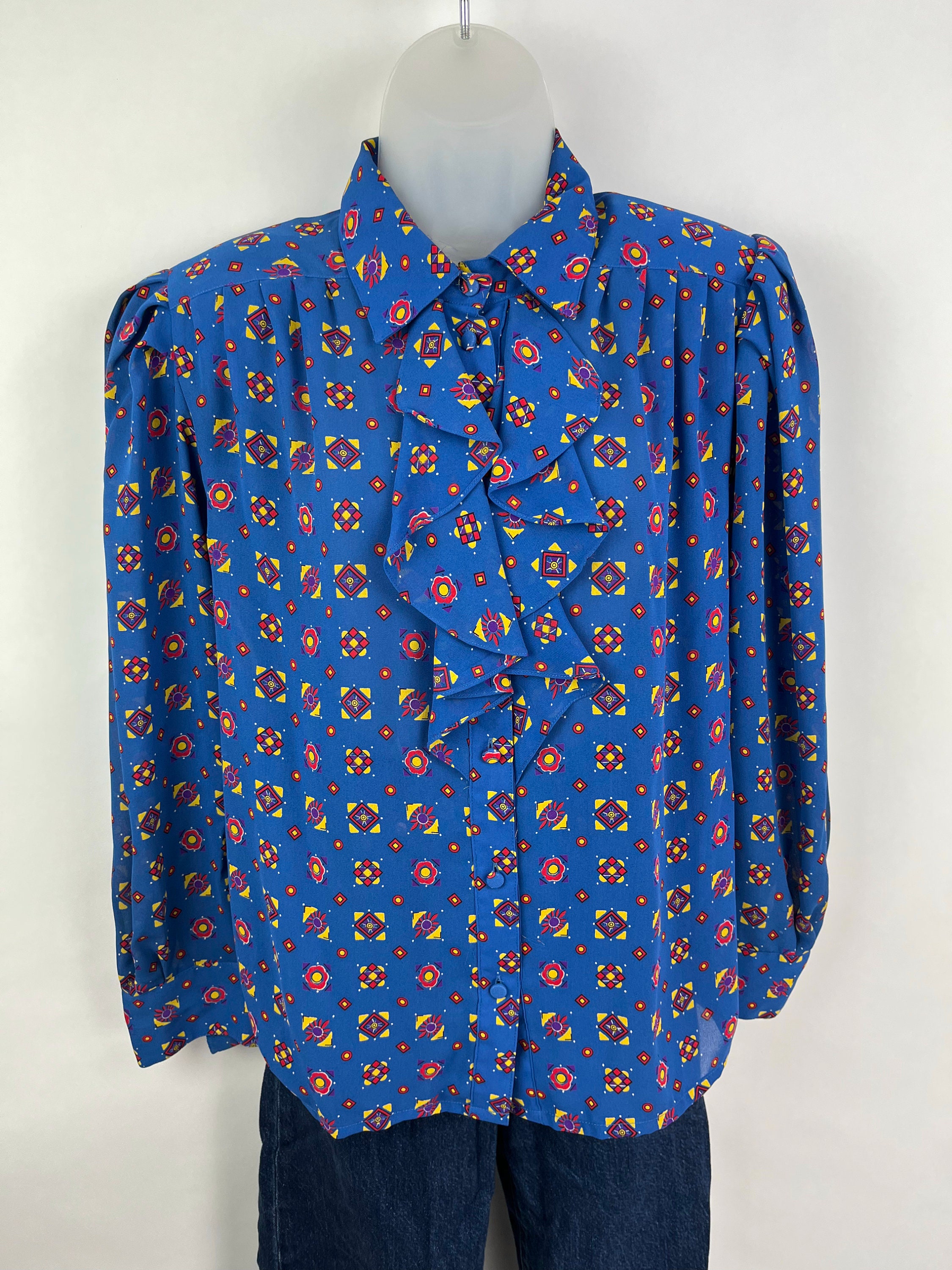 80s Vintage Blue Red Yellow Patterned Collared Ruffle Blouse Size 10 ...
