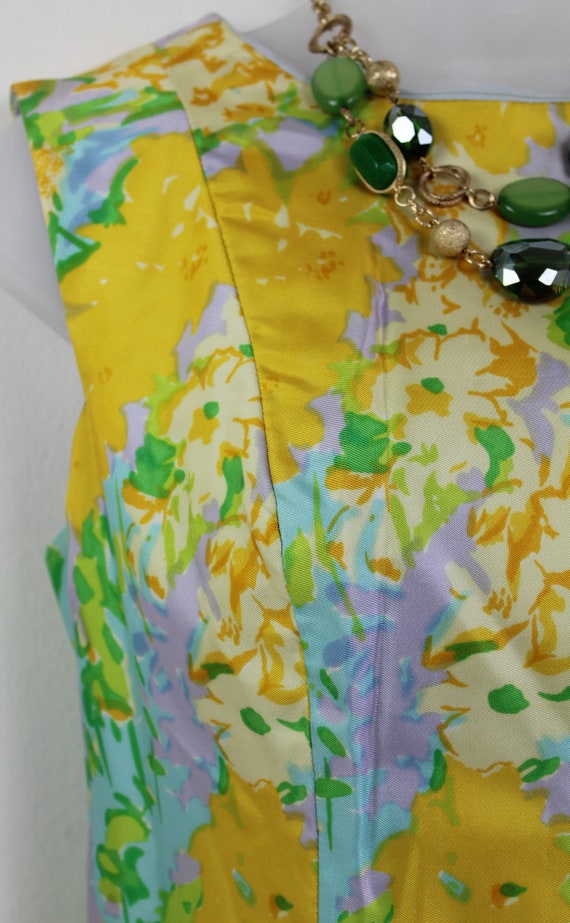 60s Vintage neon floral print sleeveless sheath d… - image 2