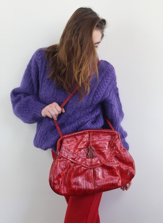 90s red patchwork leather shoulder purse, Red Shou