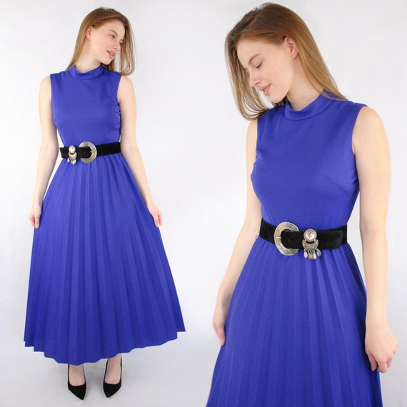 60s royal purple mock neck sleeveless pleated maxi