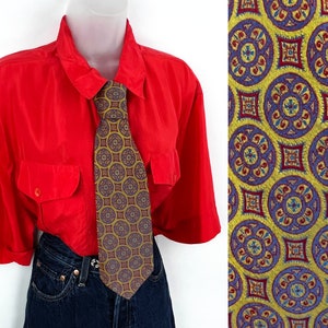 70s vintage gold red and blue medallion print silk blend necktie 56 inch tie 70s Wide Mens Tie Mens Vintage Unisex Necktie Gift For Him