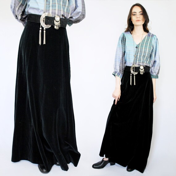 90s black velvet maxi skirt, 26 inch waist, GOTHIC