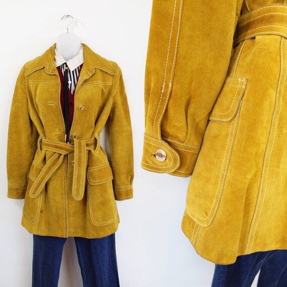 70s Vintage Mustard Suede Trench Coat, Small Mediu