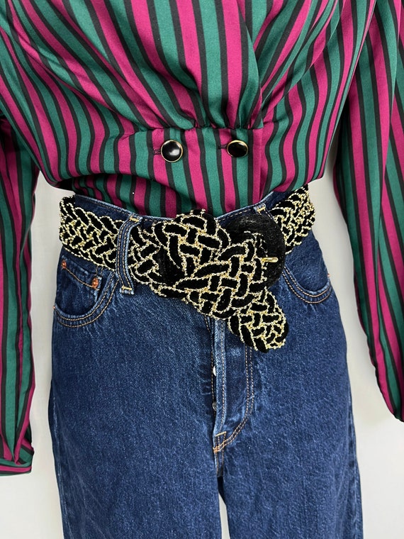 Vintage Black Velvet Gold Chain Hardware Braided Maximalist Belt Medium / Large Black Gold Chain Belt for sale | eBay main image 3