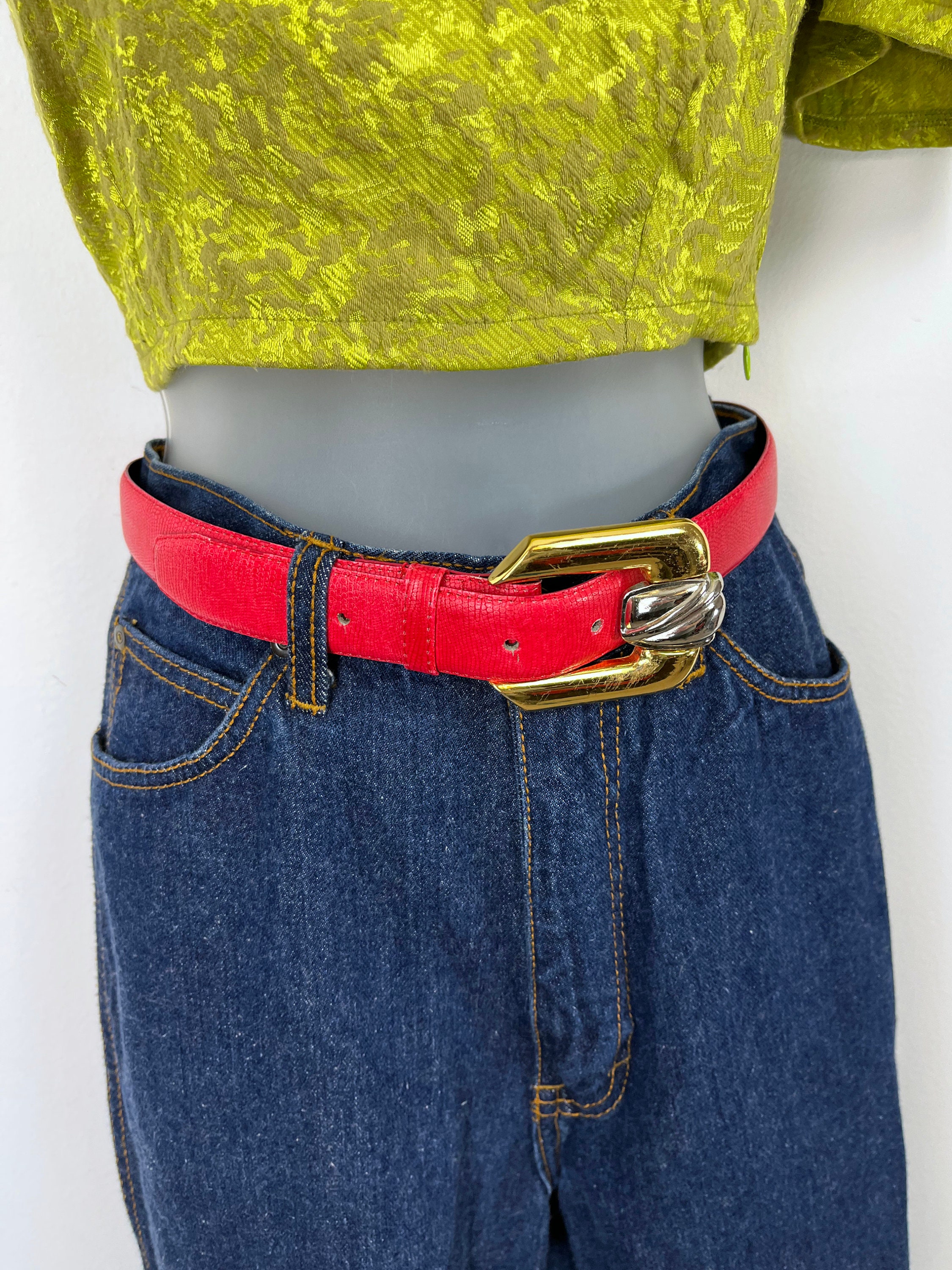 90s Skinny Red Leather Belt With Gold Buckle, Small, 90s 