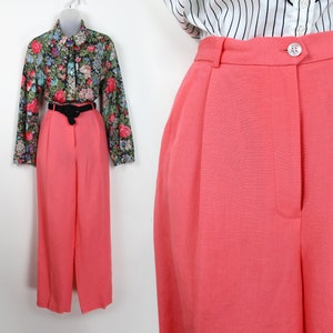 90s Papaya Orange Pink tapered high waist linen trousers, Size 10, 29 inch waist, Pink Linen Trousers, Coral Pink Pants, 90s Linen Trousers