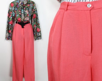 90s Papaya Orange Pink tapered high waist linen trousers, Size 10, 29 inch waist, Pink Linen Trousers, Coral Pink Pants, 90s Linen Trousers