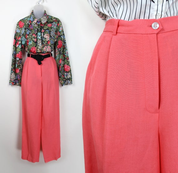 90s Papaya Orange Pink tapered high waist linen t… - image 1