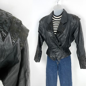 80s vintage black leather and embossed suede cinch waist motorcycle jacket by Chia Small Moto Jacket Black Leather Bomber 1980s Biker Chick