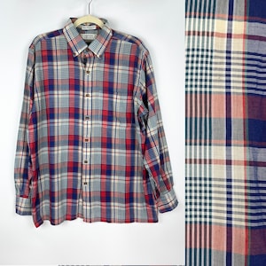 90s vintage blue and red plaid mens long sleeve buttondown shirt Mens Medium Large Mens Plaid Shirt Hipster Shirt Father&#39;s Day Gift for Him