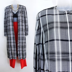 90s vintage black and white plaid long sleeve midi shirtdress Size 10 Medium, 90s Plaid Dress, 90s Shirtdress, Plaid Duster, 90s Clothing