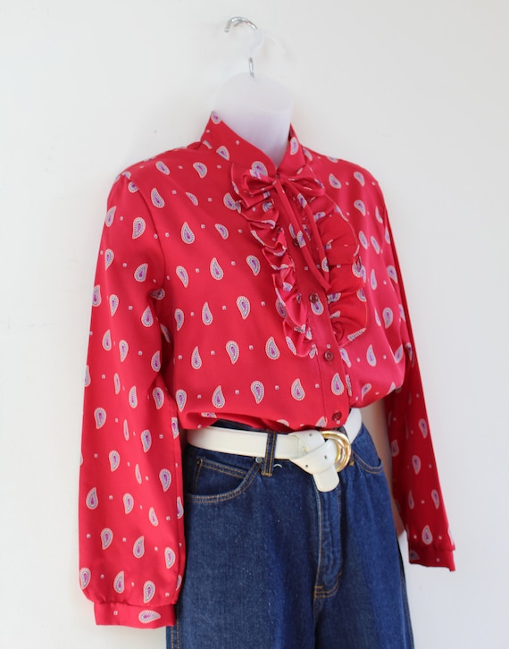 80s red paisley print long sleeve ruffle blouse, … - image 1