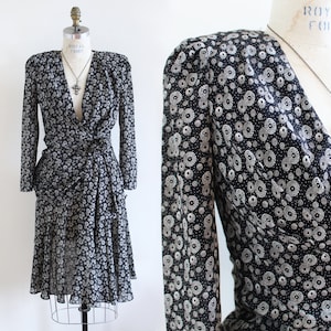 90s black and white surplice midi dress with Mandala print, Size 4, Small, 90s Midi Dress, Dress for Wedding, Faux Wrap Dress, Dinner Party