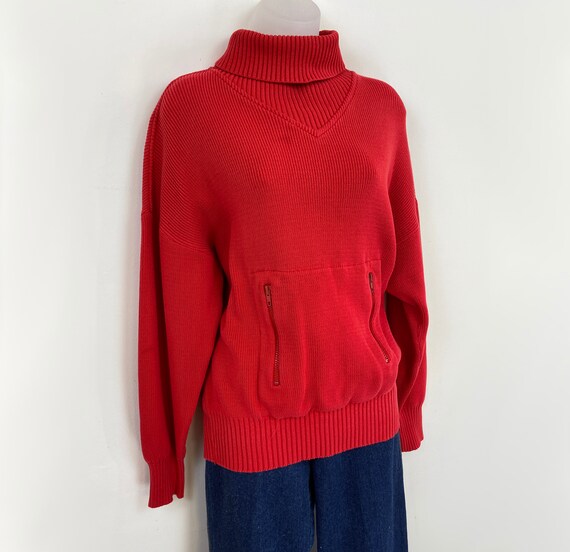 90s Red Ribbed Turtleneck Sweater With Pockets Large Country