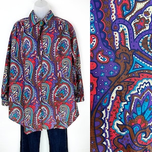 90s vintage jewel tones paisley oversize long sleeve button blouse Oversized Medium Plus Size Western Blouse Purple Paisley Women's Western