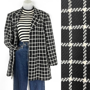 90s vintage black and white box plaid wool hip length jacket Size 14 Medium Large Oversize Blazer Working Girl Secretary Heathers costume