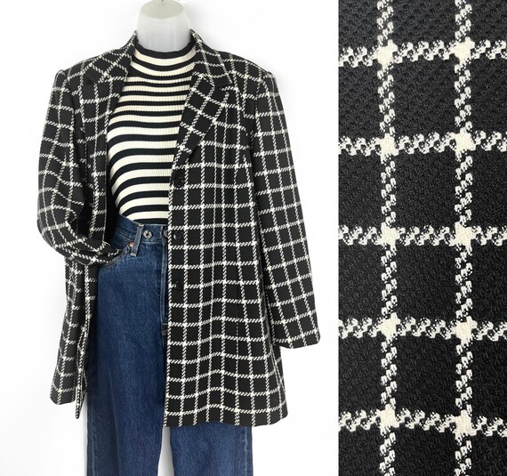 90s Vintage Black and White Box Plaid Wool Hip Length Jacket Size
