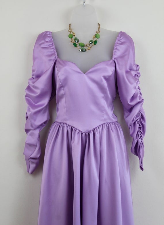 80s purple satin ball gown with ruched sleeve, Ta… - image 2