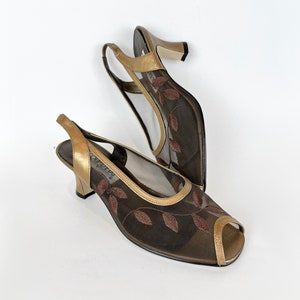 80s vintage brown and bronze mesh leaf motif open toe slingback pumps Size 6.5 Cocktail Heels 80s Slingbacks Gold Sandals Bronze Mesh Pumps