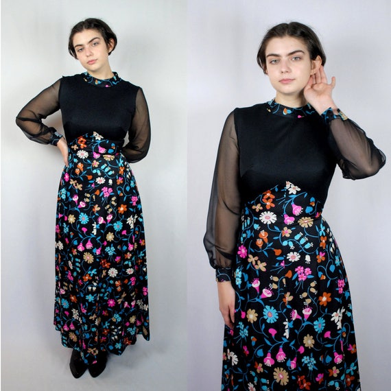 60s VINTAGE high neck maxidress with floral popar… - image 4