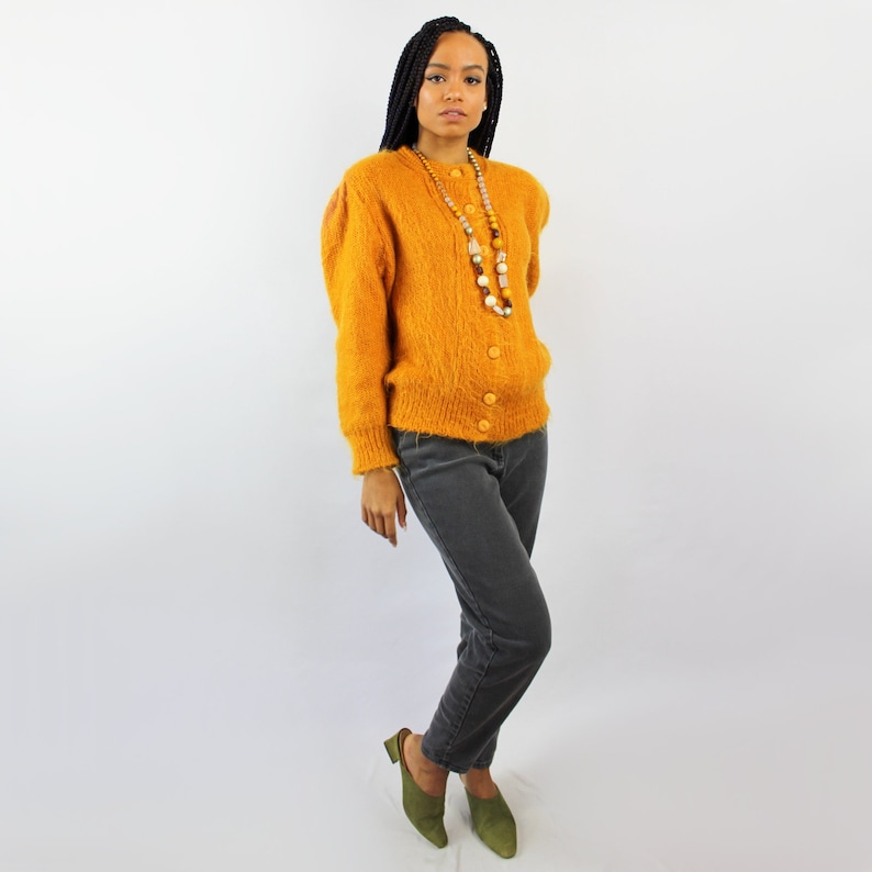 Fuzzy mohair sweater mustardgoldenrod sweater MOHAIR blend sweater cardigan mustard cardigan 1980s clothing 80s VINTAGE sweater **