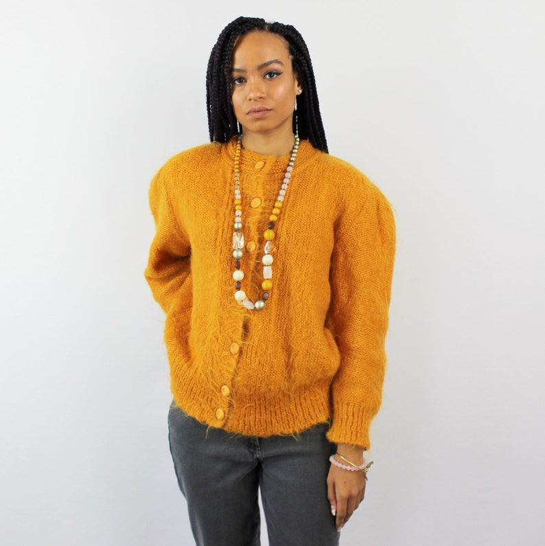 Fuzzy mohair sweater mustardgoldenrod sweater MOHAIR blend sweater cardigan mustard cardigan 1980s clothing 80s VINTAGE sweater **