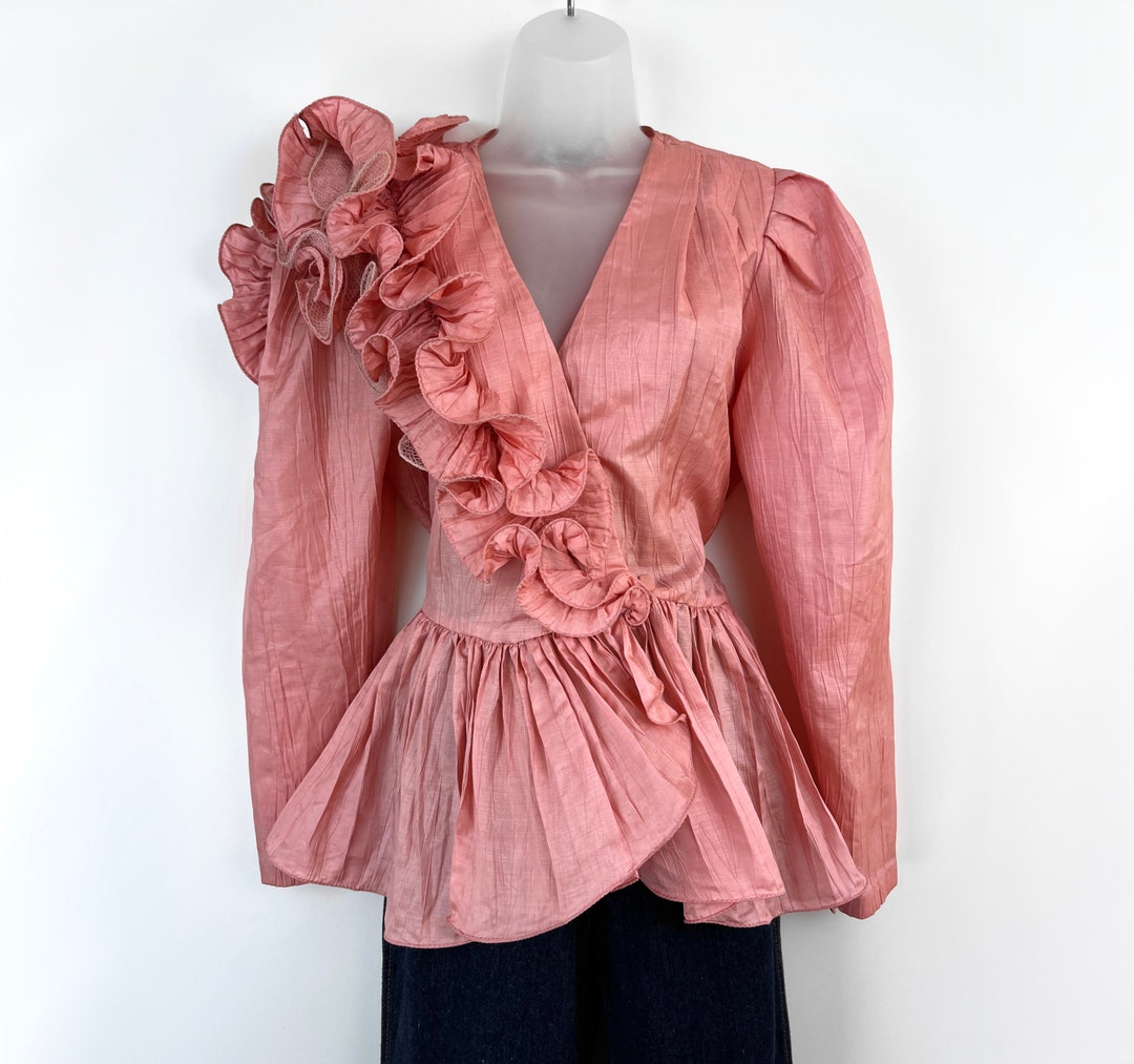 80s Vintage Rose Pink Asymmetrical Ruffle Shoulder Statement Blouse ...
