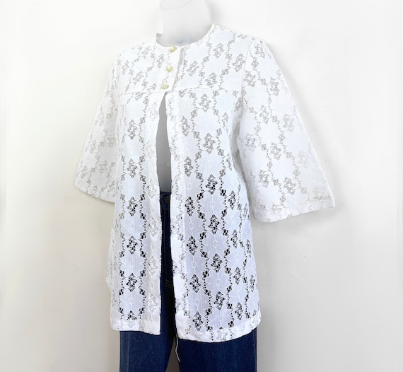 80s white floral eyelet lace smock top, Small Med… - image 1