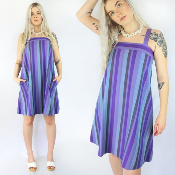 60s Vintage purple and blue striped retro smock d… - image 1