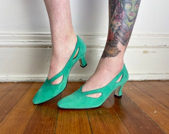 80s vintage sea green cyan suede cutout spool heel pumps by Apart Size 6 Cyan Green Pumps 80s Footwear Made in Spain 80s Fashion Dance Shoes