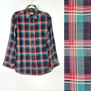 90s vintage green navy red plaid long sleeve mens button shirt Mens XL Medium Gift for Him Unisex Plaid Shirt Fathers Day Gift Mens Clothing
