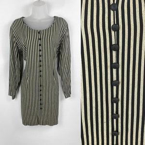 90s vintage dark navy and beige striped mini dress Medium Large Mod Striped Dress Striped Minidress Beetlejuice Halloween Left Bank Parisian
