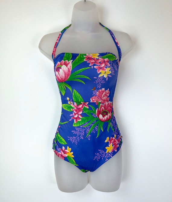 90s vintage blue and pink floral ruched one piece… - image 3