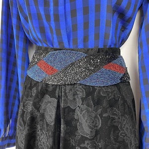 80s vintage blue red and black iridescent seed bead belt 80s Statement Belt, Beaded Belt, Fancy Belt, Holiday Outfit, 90s Obi Belt, 80s Belt