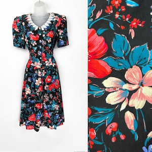 90s vintage black with red and teal floral print puff sleeve collared party dress Floral Frock Floral Minidress Tea Party Dark Cottagecore