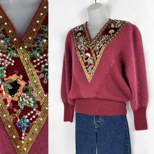 80s vintage wine burgundy angora blend beaded v-neck sweater Small Sweater Girl 1950s Embellished Angora Sweater Mafia Mob Wife Aesthetic