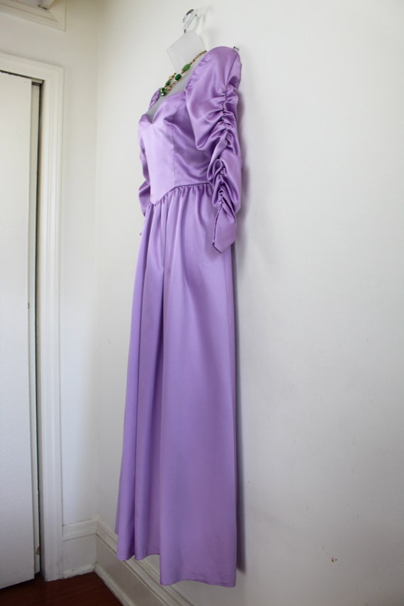 80s purple satin ball gown with ruched sleeve, Ta… - image 6