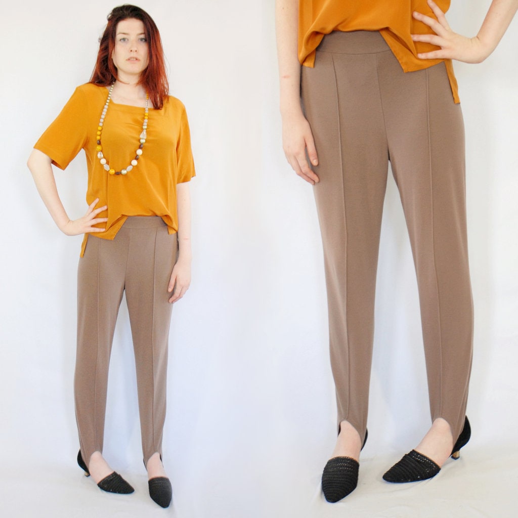 Beige Stirrup Pants / 90s Stirrup Pants / Petite Stirrup Pants / High Waist  / Stretch Knit Pants / 90s Vintage Pants / 90s VINTAGE Clothing 