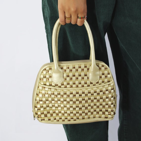 80s metallic gold and silver woven leather should… - image 2