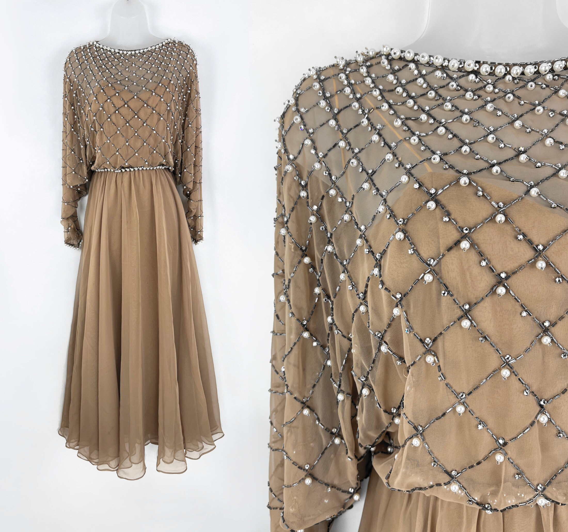 80s vintage Victoria Royal LTD beige chiffon beaded evening gown British Royal Black Tie Dress for Wedding Oscars Gala Formal Evening Gown