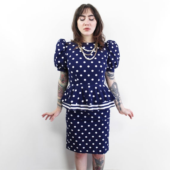 80s does 40s navy polka dot peplum dress, Size 4,… - image 3