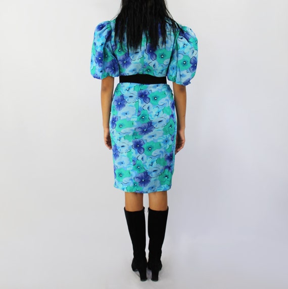 90s blue floral watercolor silk wrap dress, Ballo… - image 7