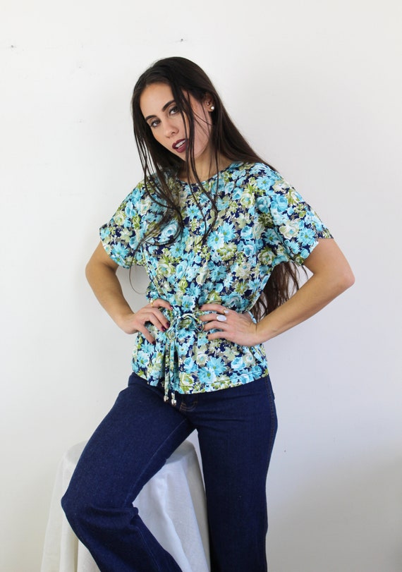 70s blue and green floral peplum top with drawstr… - image 8