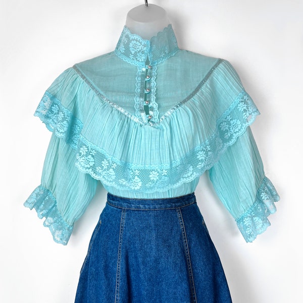 70s vintage sheer pale cyan blue lace high neck cropped ruffle blouse XS Small Romantic Victorian Edwardian Prairie Upcycled Festival Top